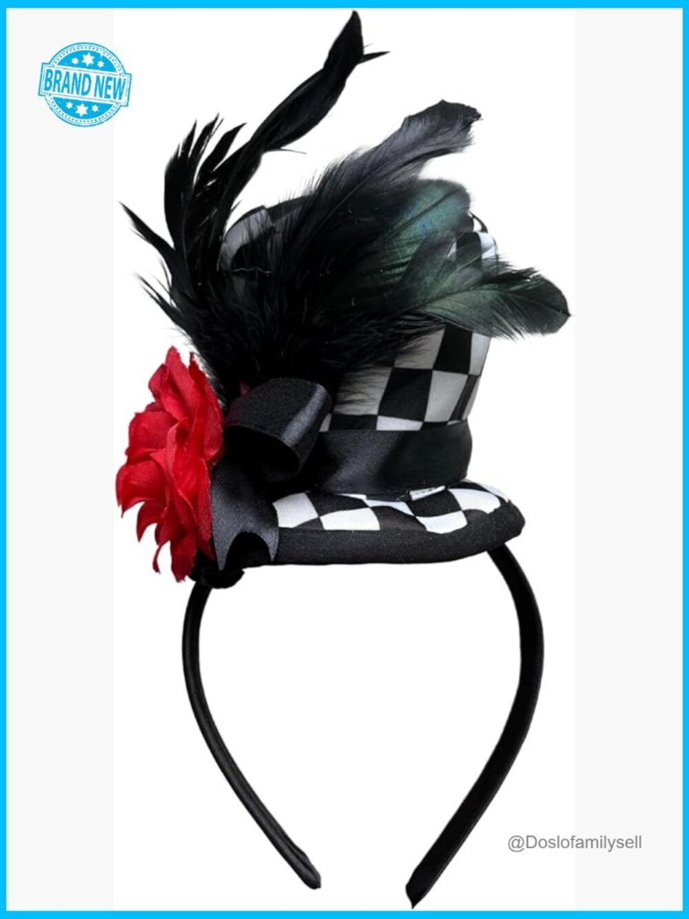 Adult Mini Top Hat Headband with Feathers and Flower for Costume One Size